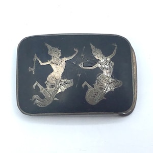 Vintage 1940s Siam Sterling Silver Niello Belt Buckle, Alex Co. Buddhist Gods Mekhala and Ramasoon, Thai Mythology, VFG