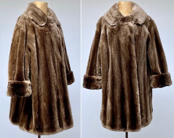 Vintage 1950s Henri Bendel Brown Mouton Coat, Genuine Sheared Beaver Fur Coat, Mid-Century Teddy Bear Swing Coat, Medium 44" Bust, VFG