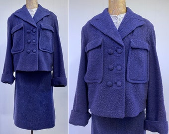 Vintage 1950s Wool Bouclé Skirt Suit, Cropped Jacket and Pencil Skirt Set, Small-Medium