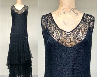 Vintage 1920s Black Silk/Lace Art Deco Evening Gown, SAKS Flapper Era Bias Cut Drop-Waist Full-Length Sheath Handkerchief Hem, 34" Bust, VFG