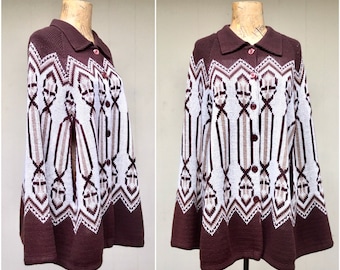 Vintage 1970s Boho Knit Cape, 70s Brown and White Southwestern Geometric Pattern Acrylic Poncho, Sturbridge by Roosevelt, One Size, VFG