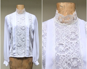 Vintage 1990s White Crepe Ivory Lace Victorian Collar Blouse, 1990s Does 1890s Blouse, Medium 36" Bust, VFG