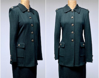 Vintage St. John Collection by Marie Gray Skirt Set, Forest Green Military Style Jacket & Pencil Skirt, Santana Knit Wool/Rayon Blend, Small