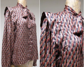 Vintage 1970s Satin Pinafore Pussy Bow Blouse, Edwardian Style Geometric Print Secretary Blouse, Evan Picone, Small 34" Bust, VFG