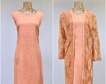Vintage 1960s 1970s Peach Rayon Dress/Coat Set, Edith Flagg Sleeveless Shift w/Matching Cotton Lace Jacket, Mid-Century Resort Wear Med, VFG
