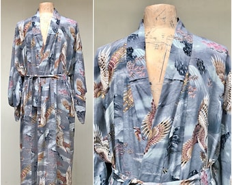 Vintage Japanese Yukata Cotton Men's Robe, Mid-Century Summer Kimono with Hawk and Mountain Print, Made in Japan, VFG