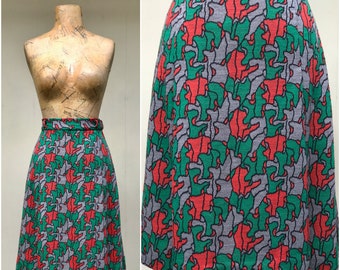 Vintage 1970s A Line Knit Skirt, Pleated Wool Jigsaw Puzzle Pattern, Small 26" Waist, VFG