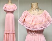 Vintage 1970s Peach Cotton Gauze Lace Peasant Dress, Young Edwardian Boho Maxi Dress, Small to Medium