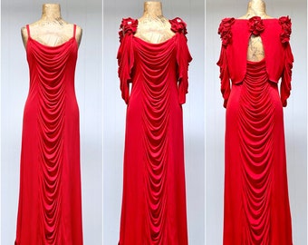 Vintage 1970s Holly's Harp Crimson Jersey Maxi Dress w/Bolero Jacket, 70s Red Bespoke Museum Quality Special Occasion Sheath + Shrug, Small