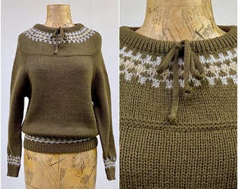 Vintage 1960er Jahre Olivgrüner Wolle Fair Isle Pullover, Mid-Century nordischer Muster Pullover, kleine-mittlere 38" Büste, VFG