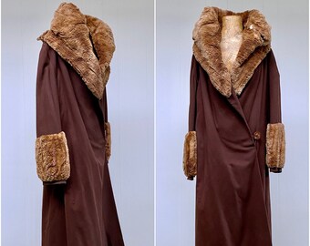 Antique 1920s Brown Wool Coat with Genuine Beaver Fur Trim, Art Deco Flapper Outerwear, Fab but Flawed, 36 Inch Bust