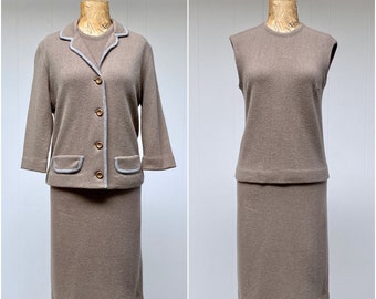 Vintage 1960s 3 Piece Knit Ensemble, Taupe and Gray Lambswool/Mohair Jacket, Top and Skirt Suit by Glasgo Ltd, Medium, VFG