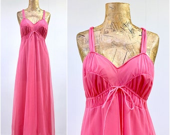 Vintage 1960s Hot Pink Virginia Wallace Empire Nightgown, Mid-Century Cerise Nylon Chiffon/Tricot Peignoir, Small 34 Inch Bust, VFG