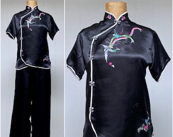 Vintage Chinese Black Silk Pajamas, Embroidered Two-Piece Qipao PJ Set, Fancy Cheongsam Loungewear, Small, VFG