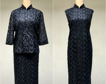 Vintage 1960s Black Cheongsam Cocktail Suit, Floral Embroidered Wiggle Dress and Matching Jacket Set, Medium, VFG