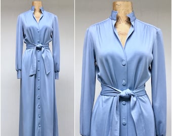 Vintage 1970s Blue Polyester Maxi Dress, 70s Frances Henaghan Sexy, Soft Dressing, American Designer, Small to Medium, VFG