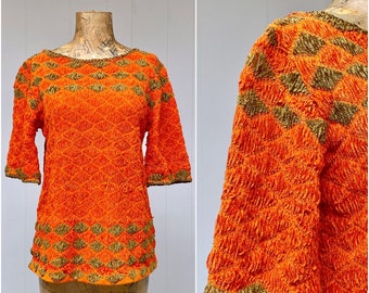 Vintage 1960s Orange Chenille Top, Mid-Century Pullover, Casual Knit Tunic, Medium, VFG