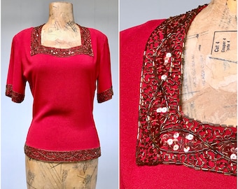 Vintage 1940s Red Rayon Crepe Beaded Blouse, 40s Crimson Short Sleeve Cocktail Top, Small 34" Bust, VFG