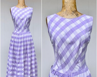 Vintage 1960s Lilac Gingham Sun Dress, Sleeveless Full Skirt Frock, 60s Summer Fashion, 36" Bust, VFG