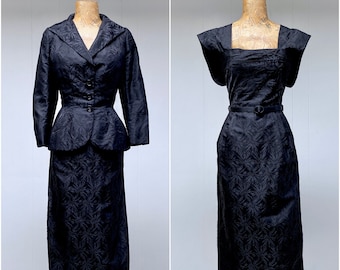 Vintage 1950s Adele Simpson Cocktail Wiggle Dress & Wasp Waist Jacket, Mid-Century Black Silk Jacquard Two-Piece Suit, Small 34" Bust, VFG