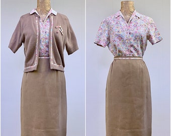 Vintage 1960s 3 Piece Ensemble, Susan Thomas Camel Cardigan, Floral Blouse and Pencil Skirt, Mid Century Preppy Matching Set, Small