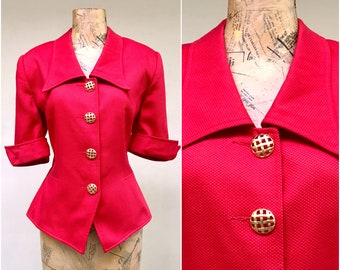 Vintage 1990s Short Sleeve Blazer, Red Cotton Piqué Fitted Hourglass Jacket, Structured I. Magnin Top, Medium 38" Bust, Size 10, VFG