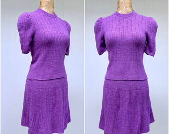 Vintage 1970s Purple Puffed Sleeve Knit Top and Mini Skirt, 70s Boho Two-Piece Acrylic Set, Small, VFG