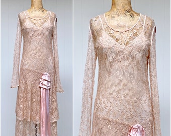 Vintage 1920s Blush Pink Lace Evening Gown, Sheer Art Deco Drop-Waist Bias Cut Dress - Wedding Party - Special Occasion, 34" Bust, VFG