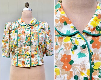 Vintage 1950s Floral Rayon Blouse, Mid Century Puffed Sleeve Cropped Top, 44" Bust Volup Size 14W-16W, VFG