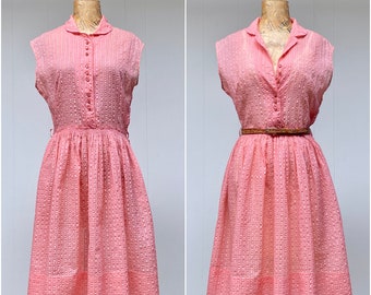 Vintage 1950s Sleeveless Pink Shirtwaist Dress, 50s Semi-Sheer Nylon Seersucker Frock, Spring/Summer Mid-Century Fashion, Small/Medium, VFG