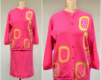 Vintage 1960s Bonnie Cashin Cashmere Skirt Set for Ballantyne, Hot Pink Intarsia Knit Cardigan and Pencil Skirt, Medium, Mint Condition, VFG