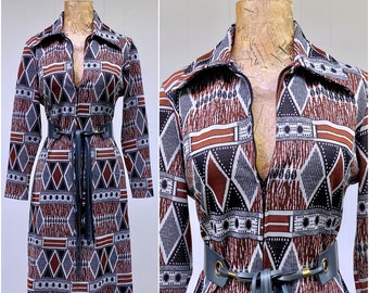 Vintage 1960s-1970s Tribal Pattern Shirt Dress, Mid-Century Geometric A-Line Polyester Zip-Front I. MAGNIN Travel Knit, Medium 36" Bust, VFG