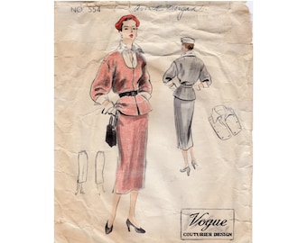 Vintage 1950 Vogue Couturier Design Sewing Pattern No. 554, Peplum Suit and Dickey, Size 14 Bust 32 Hip 35