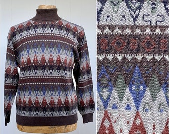 Vintage 1980s 1990s Merino Wool Turtleneck Sweater, 80s 90s Fair Isle Knit Pullover, Ski Sweater Made in Italy by Giannini, Large 44" Chest