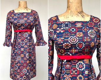 Vintage 1960s Mod Cotton Mini Dress, 60s Empire Waist Frock with Flounce Sleeves, Blue Geometric Medallion Print, Extra Small 32" Bust, VFG