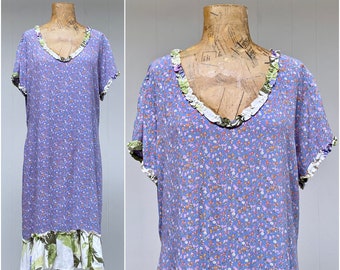 Vintage 1990s Loose Fitting Floral Dress, Rayon Crepe Mixed Print Tea Length Grunge Style, Medium, VFG