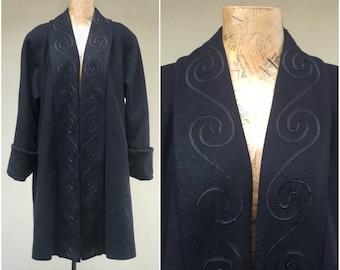 Vintage 1980s Does 1950s Black Wool Swing Coat with Shawl Collar and Soutache Trim, Leslie Fay Petites Swagger Coat Size 8, Made in USA, VFG