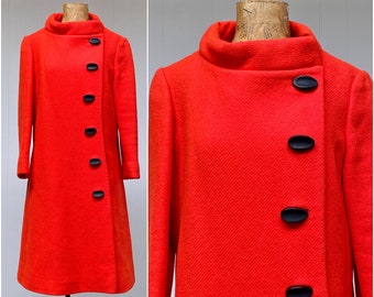 Vintage 1960s Lilli Ann Ultra-Mod Coat, Swingin' 60s Bright Orange-Red Wool A Line Topcoat with Asymmetrical Closure, Medium 38" Bust, VFG