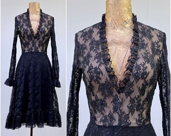 1960s Black Lace Party Dress, 60s 70s Goth Fit and Flare Prom Dress, Small 34" Bust, VFG