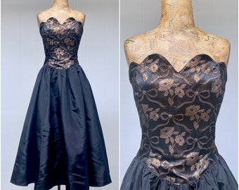 Vintage 1980s Gunne Sax Strapless Party Dress, Black/Copper Brocade/Taffeta Prom Dress, Drop-Waist Formal Midi Frock, Small 34" Bust, VFG