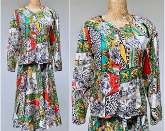 Vintage 1980s Diane Freis Silk Jacquard Suit, Animal/Floral Print Jacket and Matching Bias Cut Circle Skirt Set, Large to X-Large