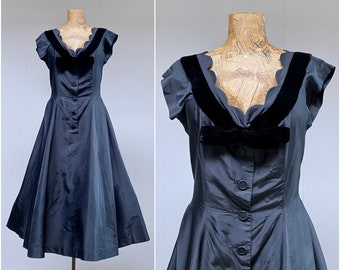 Vintage 1950s Cocktail Dress, 50s Black Rayon Taffeta Frock w/Velvet Trim Special Occasion Full Skirt Rockabilly Party, 38" Bust, VFG