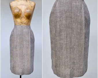 Vintage 1980s Taupe Silk/Wool Herringbone Pencil Skirt Made in Italy for Alan Austin Boutique Beverly Hills, Small 26" Waist, VFG