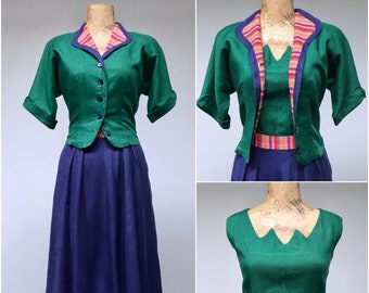 Vintage 1940s 50s Carlye Linen Dress and Jacket Set, Green/Blue Sleeveless Frock w/Bias Cut Skirt, Fitted Short Sleeve Jacket, Small 36 Bust