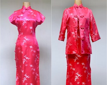 Vintage 1960s Cerise Silk Brocade Cheongsam Gown & Jacket, Pink Mid-Century Qipao, Chinese Embroidered Satin Maxi Dress Suit, Small