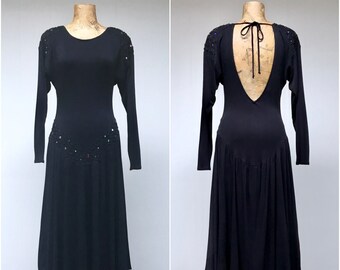 Vintage 1980s Black Drop-waist Jersey Midi Dress with Ribbon-Work Rhinestone Trim and Open Back, Medium 36" Bust, VFG