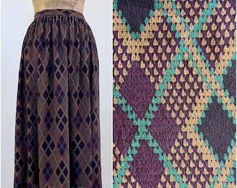 Vintage 1980s Jewel Tone Silk Argyle Midi Skirt, 80s Ellen Tracy Gathered Full Tea Length Skirt, Chic Office Attire, 28 Inch Waist