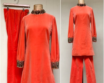 Vintage 1960s Orange Velvet Beaded Dynasty Pants Suit, Mid-Century Mod Formal Dress/Tunic and Trousers Ensemble, Small, VFG