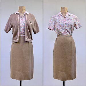 Vintage 1960s 3 Piece Ensemble, Susan Thomas Camel Cardigan, Floral Blouse and Pencil Skirt, Mid Century Preppy Matching Set, Small image 1