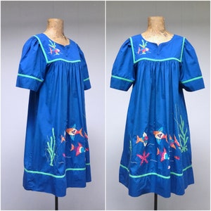 Vintage Embroidered Patio Dress Blue Cotton Under the Sea - Etsy